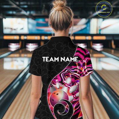 Women’s pink neon wave bowling polo shirt, back view on female model in bowling lane