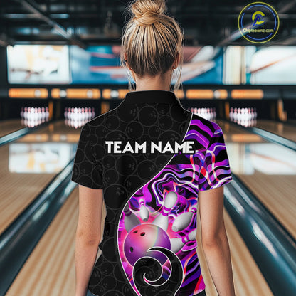 Women’s purple neon wave bowling polo shirt, back view on female model in bowling lane