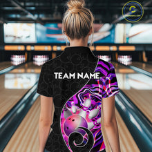 Load image into Gallery viewer, Women’s purple neon wave bowling polo shirt, back view on female model in bowling lane