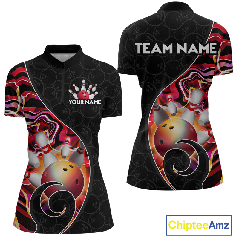 Women’s red neon wave strike bowling shirt with custom name, front view quarter zip design on white background