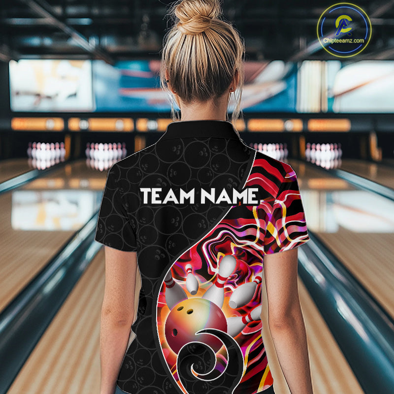 Women’s red neon wave bowling quarter zip shirt, back view on female model in bowling lane