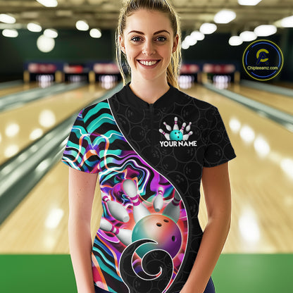 Women’s turquoise neon wave bowling quarter zip shirt, front view on female model in bowling lane 