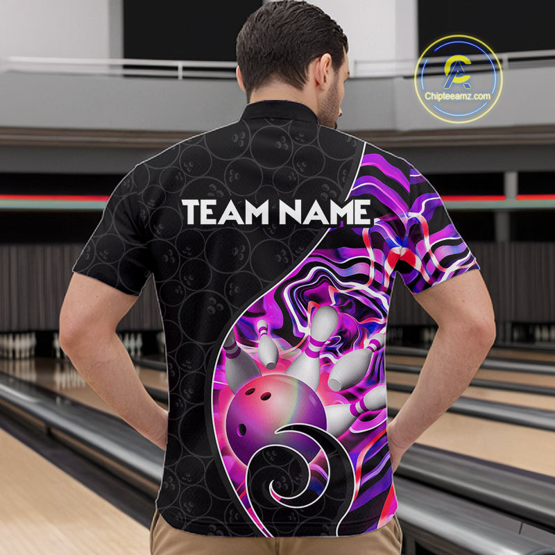 Men’s purple neon wave bowling quarter zip shirt, front back on male model in bowling lane
