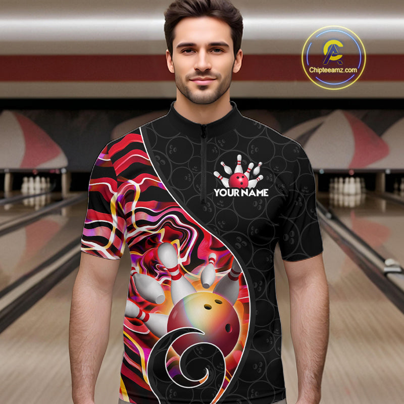 Men’s red neon wave bowling quarter zip shirt, front view on male model in bowling lane 