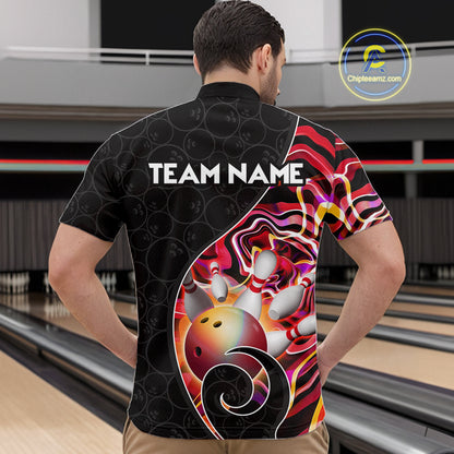 Men’s red neon wave bowling quarter zip shirt, front back on male model in bowling lane