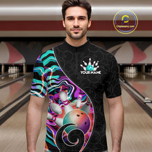 Load image into Gallery viewer, Men’s turquoise neon wave bowling quarter zip shirt, front view on male model in bowling lane 