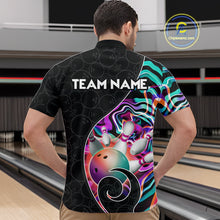 Load image into Gallery viewer, Men’s turquoise neon wave bowling quarter zip shirt, front back on male model in bowling lane 