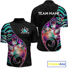 Load image into Gallery viewer, Men’s turquoise neon wave strike bowling shirt with custom name, front view quarter zip design on white background
