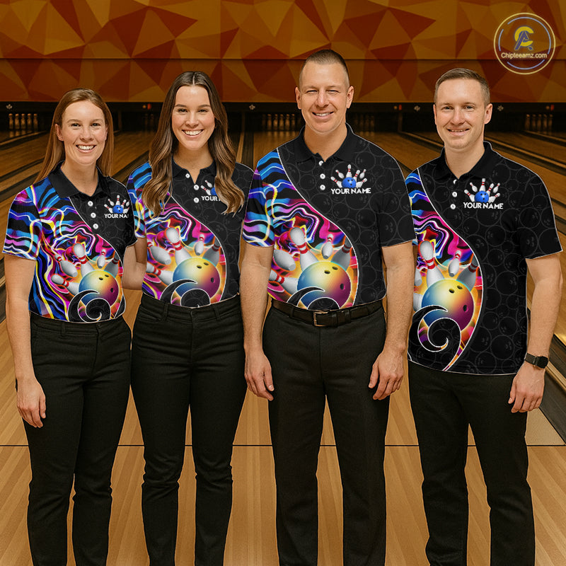Group of male bowlers in blue neon wave team shirts, personalized bowling uniforms front view.