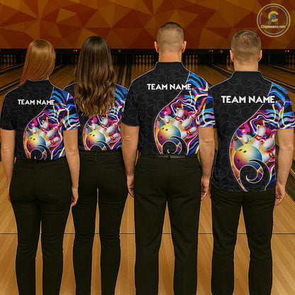Group of male bowlers in blue neon wave team shirts, personalized bowling uniforms back view