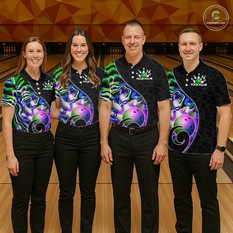 Group of bowlers in green neon wave team shirts, personalized bowling uniforms front view