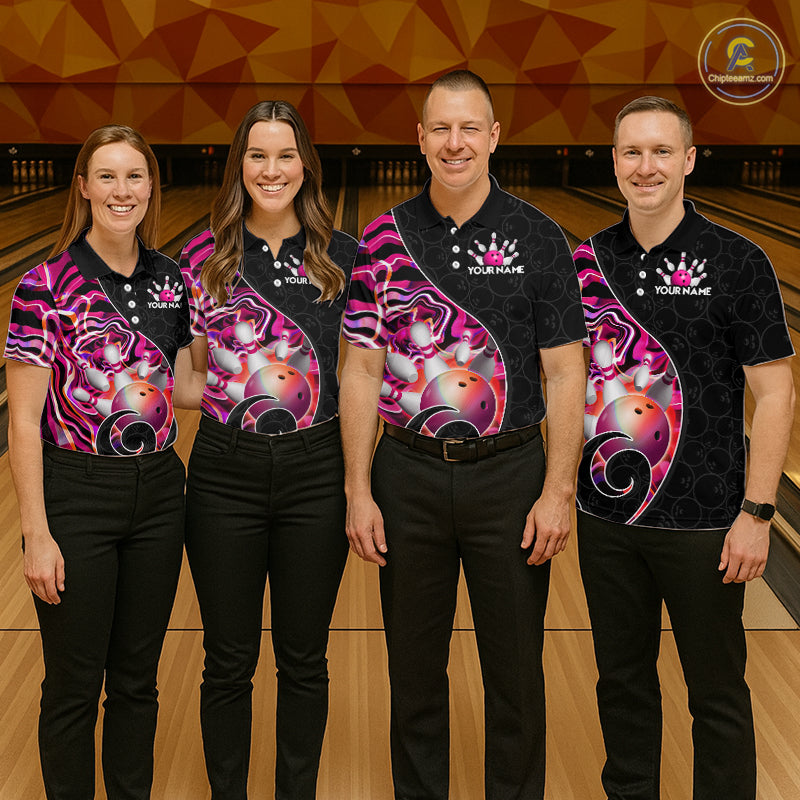 Group of male bowlers in pink neon wave team shirts, personalized bowling uniforms front view.