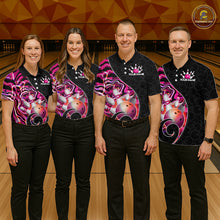 Load image into Gallery viewer, Group of male bowlers in pink neon wave team shirts, personalized bowling uniforms front view.