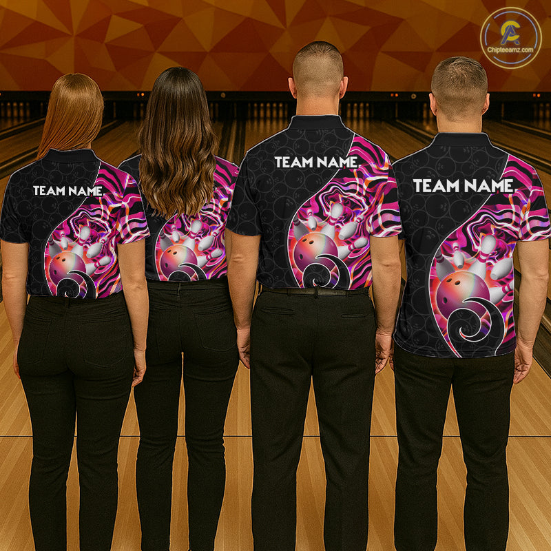 Group of male bowlers in pink neon wave team shirts, personalized bowling uniforms back view.