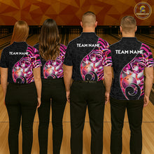 Load image into Gallery viewer, Group of male bowlers in pink neon wave team shirts, personalized bowling uniforms back view.