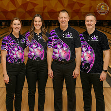 Load image into Gallery viewer, Group of male bowlers in purple neon wave team shirts, personalized bowling uniforms front view.