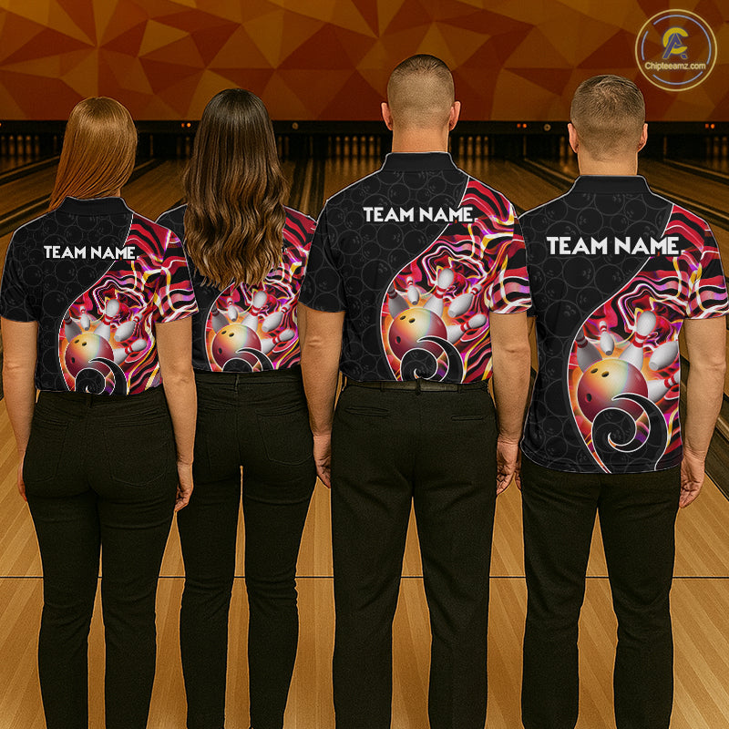 Group of male bowlers in red neon wave team shirts, personalized bowling uniforms back view