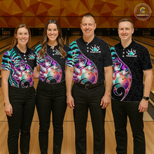 Load image into Gallery viewer, Group of male bowlers in turquoise neon wave team shirts, personalized bowling uniforms front view.