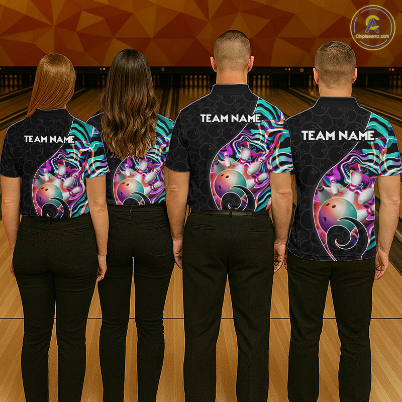 Group of male bowlers in turquoise neon wave team shirts, personalized bowling uniforms back view