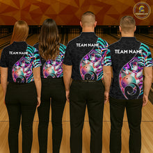 Load image into Gallery viewer, Group of male bowlers in turquoise neon wave team shirts, personalized bowling uniforms back view