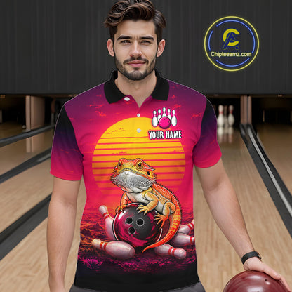 Men’s retro sunset bearded dragon bowling polo shirt, front view on male model in bowling lane 