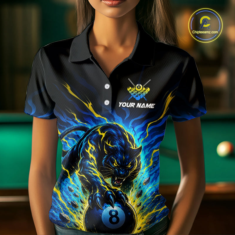 Person wearing a black polo shirt with a blue panther design and 'Your Name' text, pool table in the background