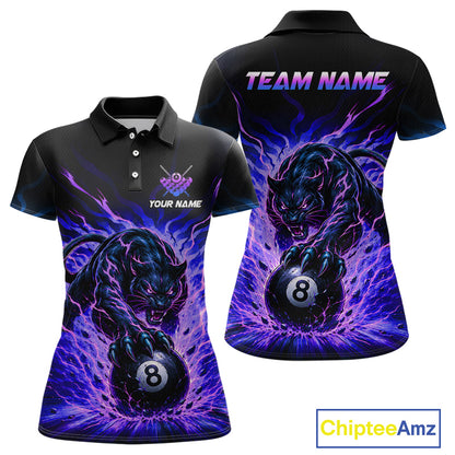 Black and purple polo shirt with panther and number 8 design, customizable text on a white background.