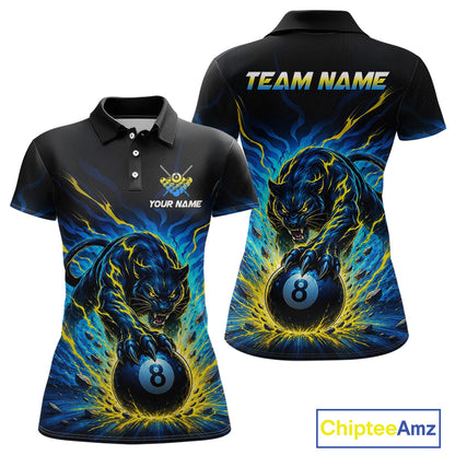 Black polo shirt with panther and 8-ball design, customizable text on front and back, Chiptee Amz branding.