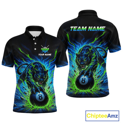 Black polo shirt with a panther and 8-ball design on a white background, featuring 'Chiptee Amz' branding.