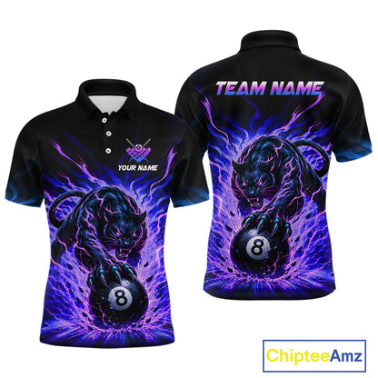 Black polo shirt with a panther and 8-ball design on a white background, featuring 'Chiptee Amz' branding.