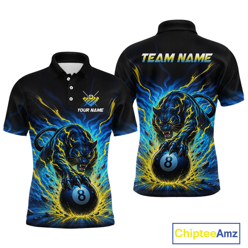 Black polo shirt with a panther holding an 8-ball design, featuring 'Team Name' and 'Your Name' text on a white background.