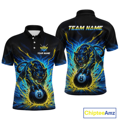 Black polo shirt with a panther holding an 8-ball design, featuring 'Team Name' and 'Your Name' text on a white background.