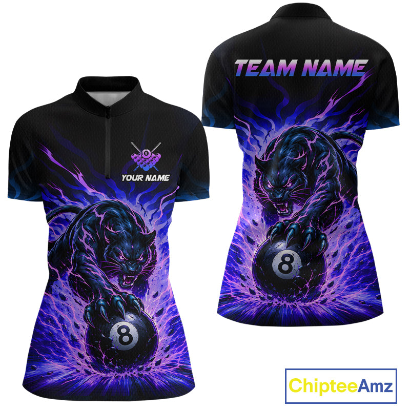 Black panther holding a pool ball with 'Team Name' and 'Your Name' text on a black shirt with purple flames.