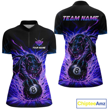 Black panther holding a pool ball with 'Team Name' and 'Your Name' text on a black shirt with purple flames.