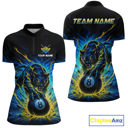 Black polo shirt with a panther holding an eight-ball design on a white background, featuring 'Chiptee Amz' branding.