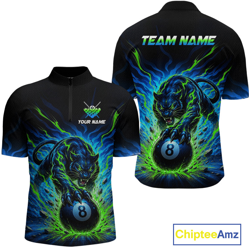 Black shirt with panther and 8-ball design, customizable text on front and back, Chiptee Amz branding.