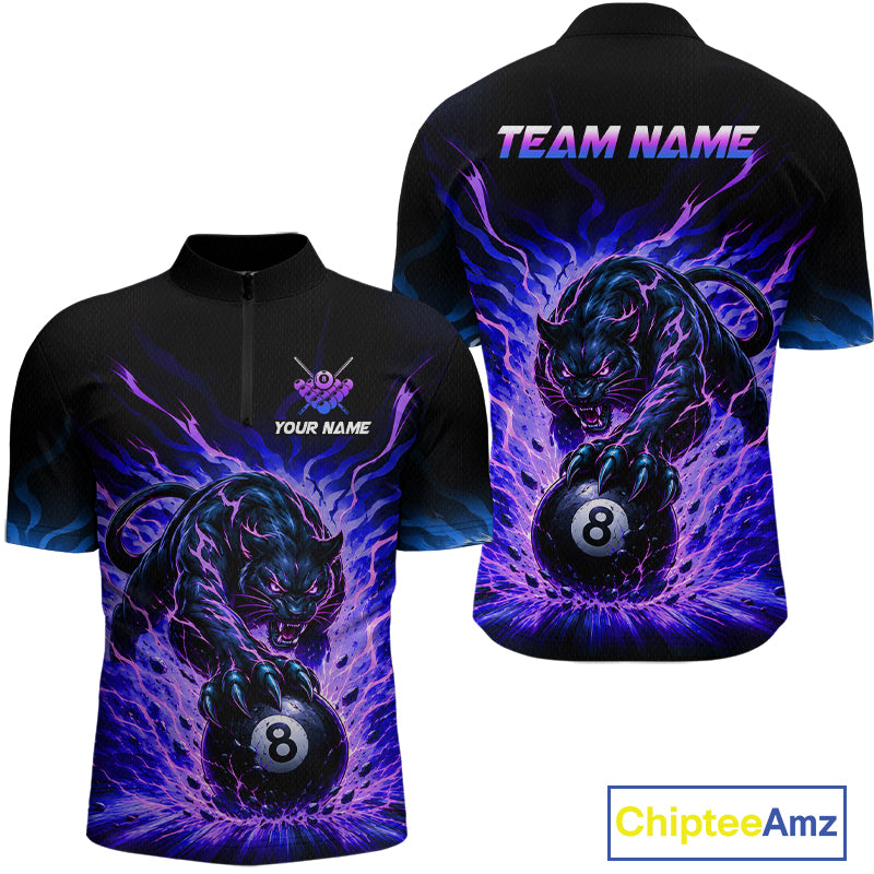 Black and purple sports jersey with panther and 8-ball design, customizable text on a white background.