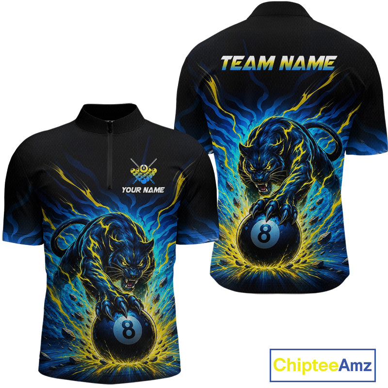 Black sports jersey with panther and 8-ball design, customizable text on front and back, Chiptee Amz branding.