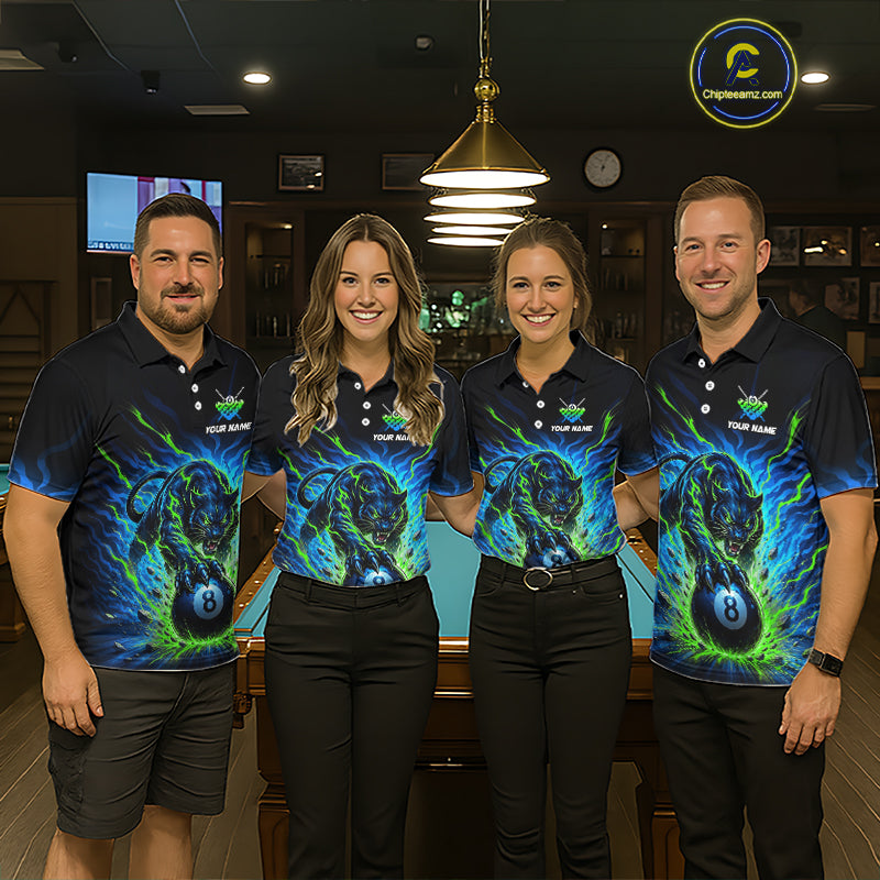 Four people wearing matching polo shirts with a design of a panther and number 8 on a pool table.