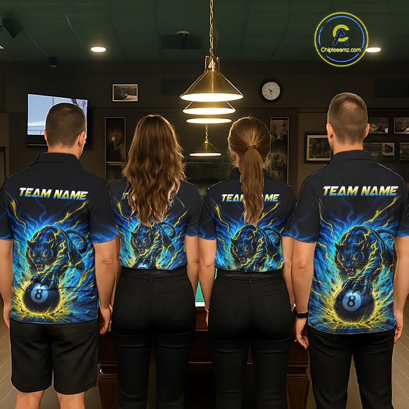 Four people wearing matching blue shirts with a panther design in a pool hall.