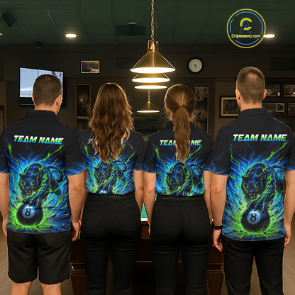 Four people wearing matching bowling shirts with a panther design in a bowling alley.