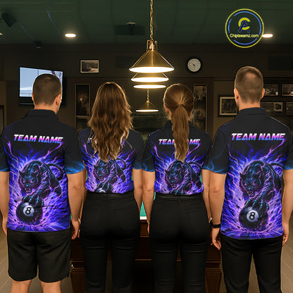 Four people wearing matching jerseys with a team name and design in a pool hall.