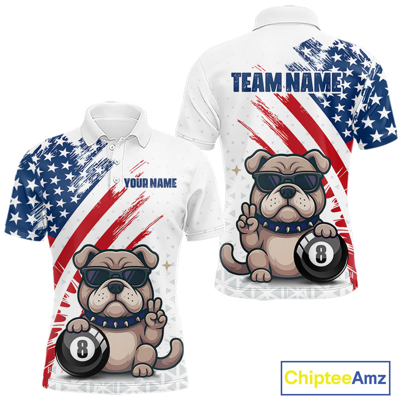 Polo shirt with a dog holding an 8-ball design, featuring American flag colors and 'Chiptee Amz' branding.