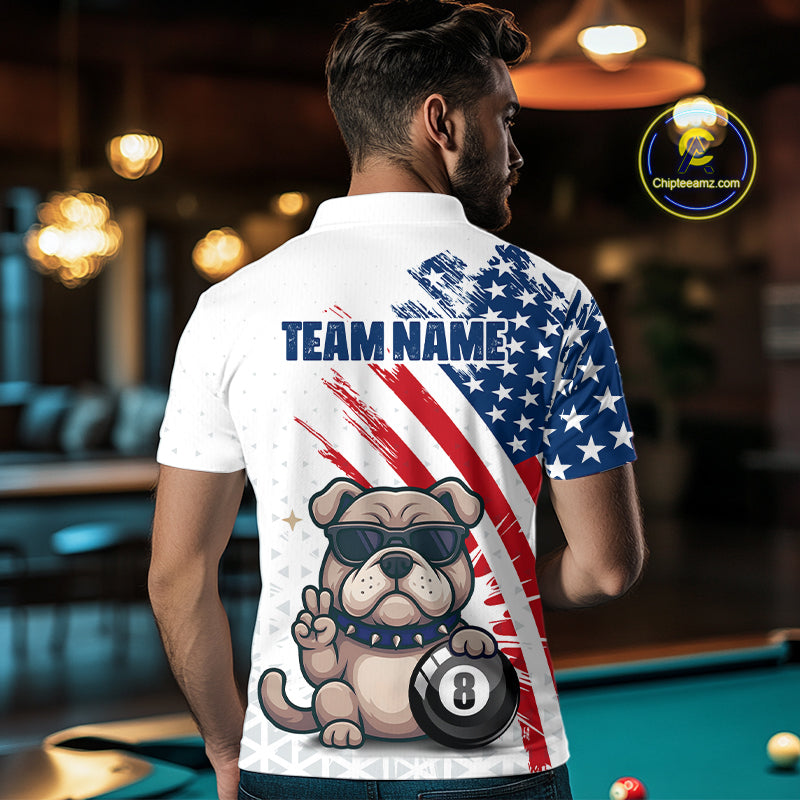 Man wearing a white polo shirt with American flag design and bulldog graphic, standing in a pool hall.
