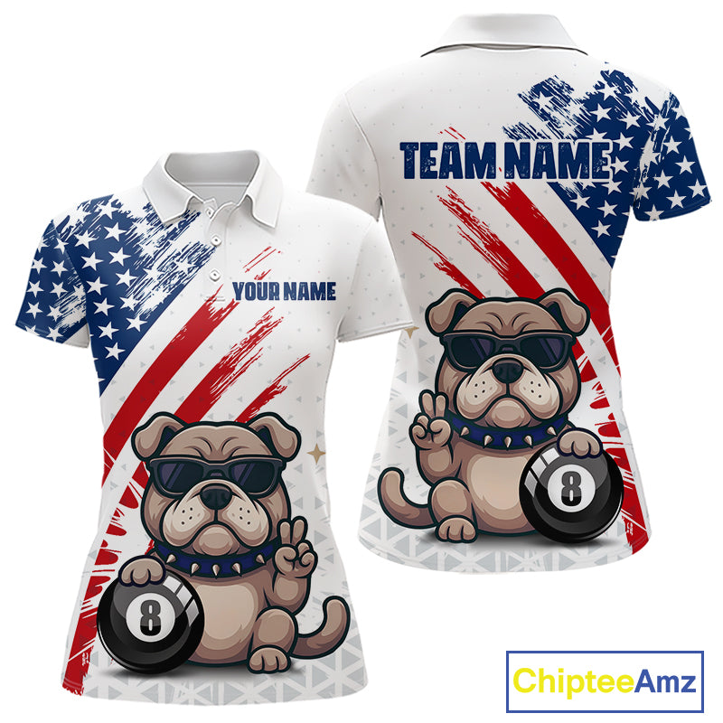 Polo shirt with bulldog design and American flag pattern, customizable with 'Your Name' and 'Team Name'.