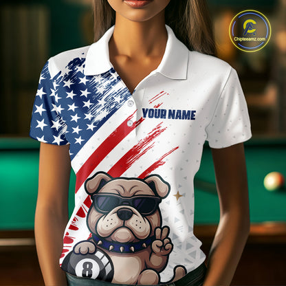 Person wearing a polo shirt with an American flag design and cartoon bulldog holding a pool ball.