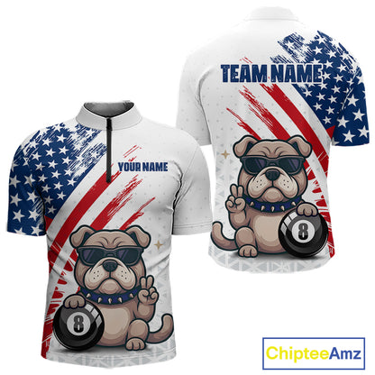 Customizable sports jersey with American flag design and cartoon dog holding an 8-ball, featuring space for 'Your Name' and 'Team Name'.