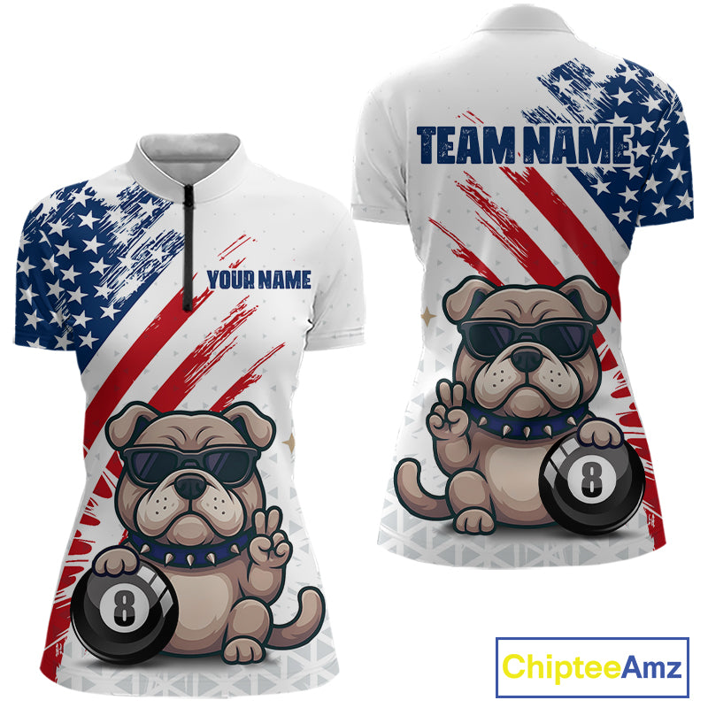 Polo shirt with bulldog design, American flag pattern, and 'Chiptee Amz' branding.