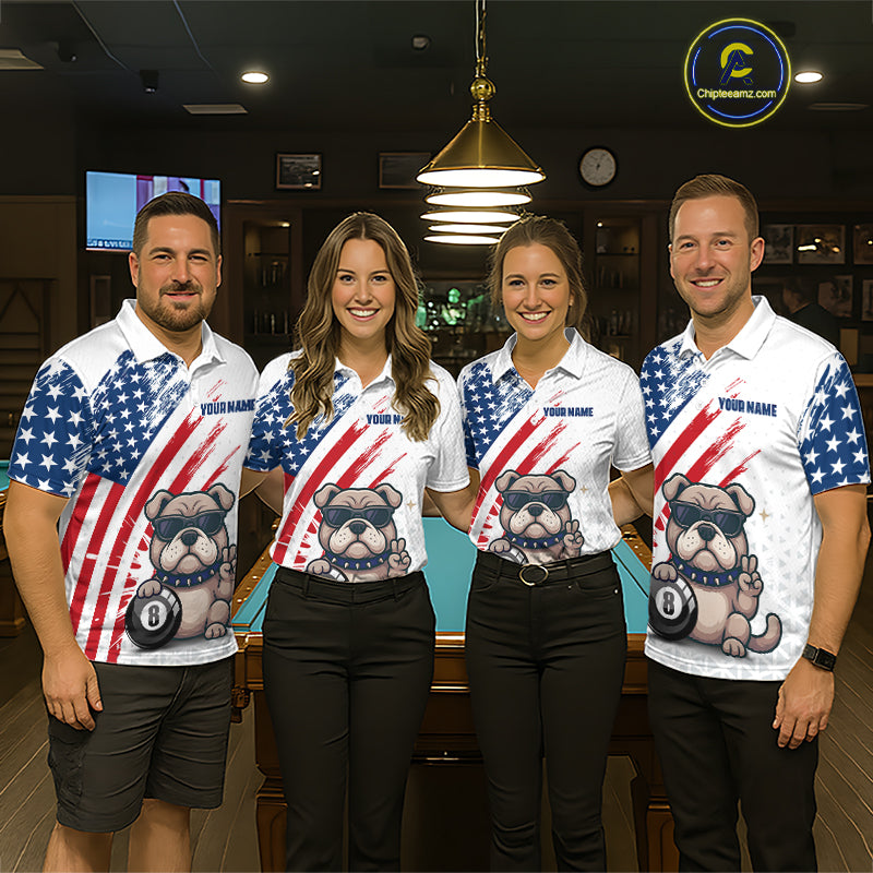 Four people wearing matching American flag-themed shirts with bulldog graphics in a bar setting.