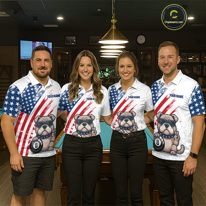 Four people wearing matching American flag-themed shirts with bulldog graphics in a bar setting.